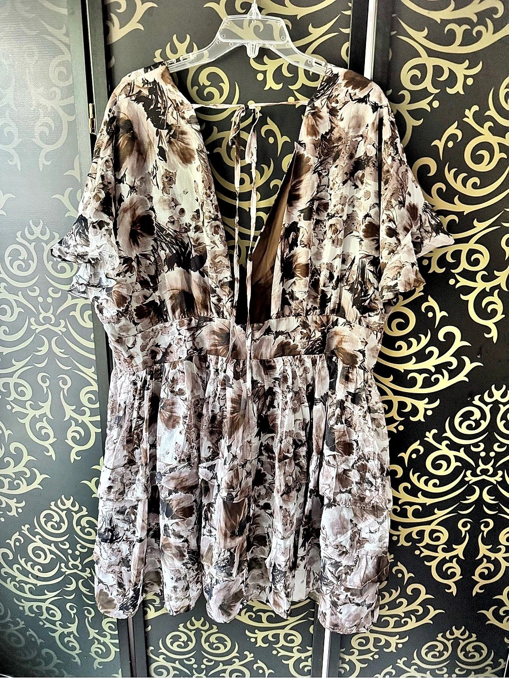 Fashion Nova Sierra Chiffon Mini Dress Brown & White 3X